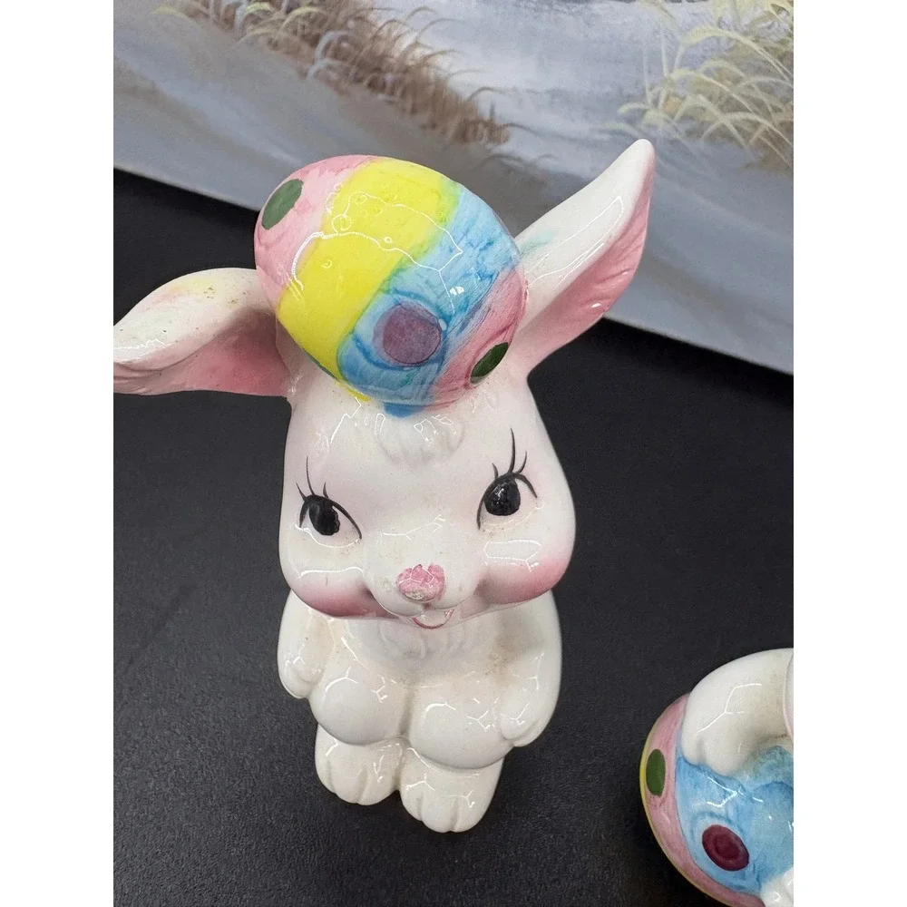 Vintage Frankel Ceramic Easter Bunny Figurines Set of 2 White Rabbit Taiwan 4